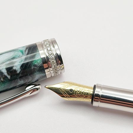 Hand Crafted  Fountain Pen in Brilliant Frost with Rhodium and Gold Metal Accents