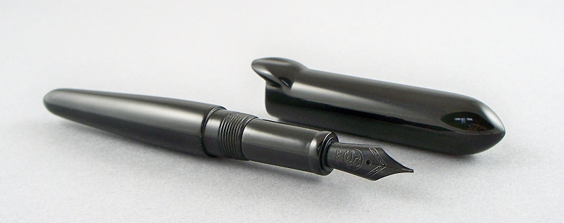 A custom pen by Jake Lazzari - polished black ebonite with Bock size 6 nib