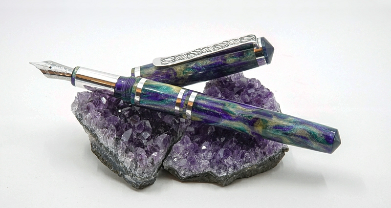 A custom pen by John Sanderson - DiamondCast French Quarter with argentium silver accents and and Bock size 6 nib