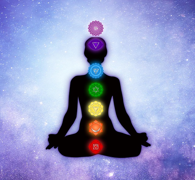 Diagram of the seven major chakras along the spine with corresponding colours and energy centres